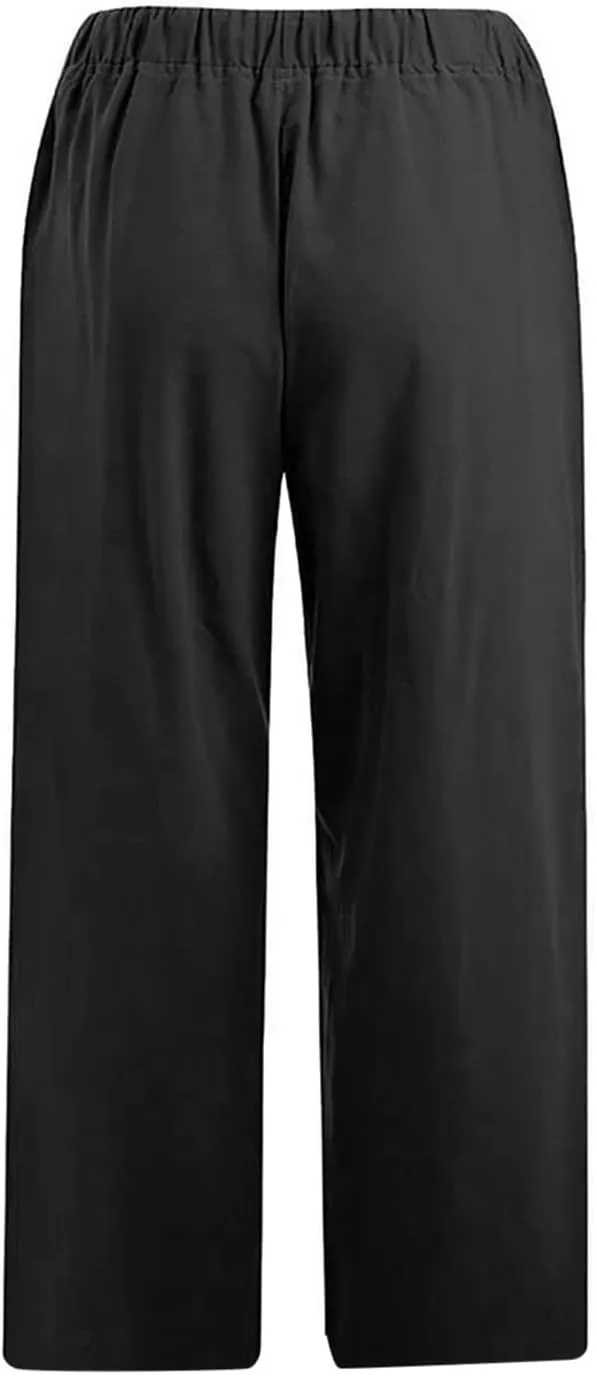 Linen Capri Pants for Women with Pockets Drawstring Waisted Summer Loose Cropped Pants Wide Leg Trousers