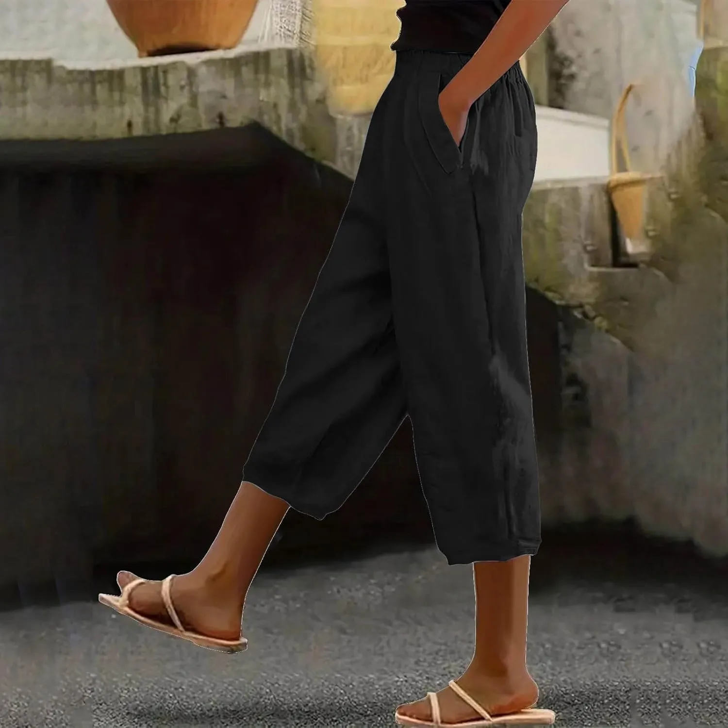 Linen Capris for Women Summer Casual Beach 3/4 Length Pants with Pockets Wide Leg Cotton Blend Comfy Cropped Trousers