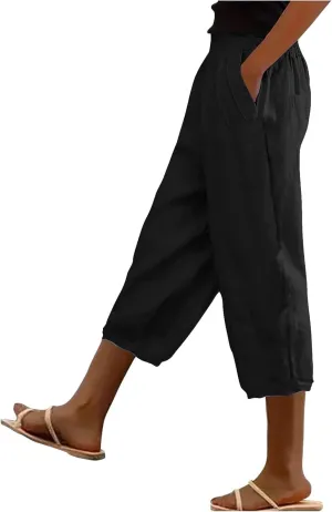Linen Capris for Women Summer Casual Beach 3/4 Length Pants with Pockets Wide Leg Cotton Blend Comfy Cropped Trousers