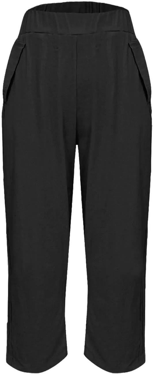 Linen Capris for Women Summer Casual Beach 3/4 Length Pants with Pockets Wide Leg Cotton Blend Comfy Cropped Trousers