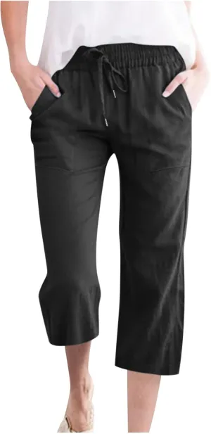 Linen Capris Pants for Women Casual Summer 2025 Wide Leg Loose Drawstring Elastic Waist Cropped Trouser Clothes