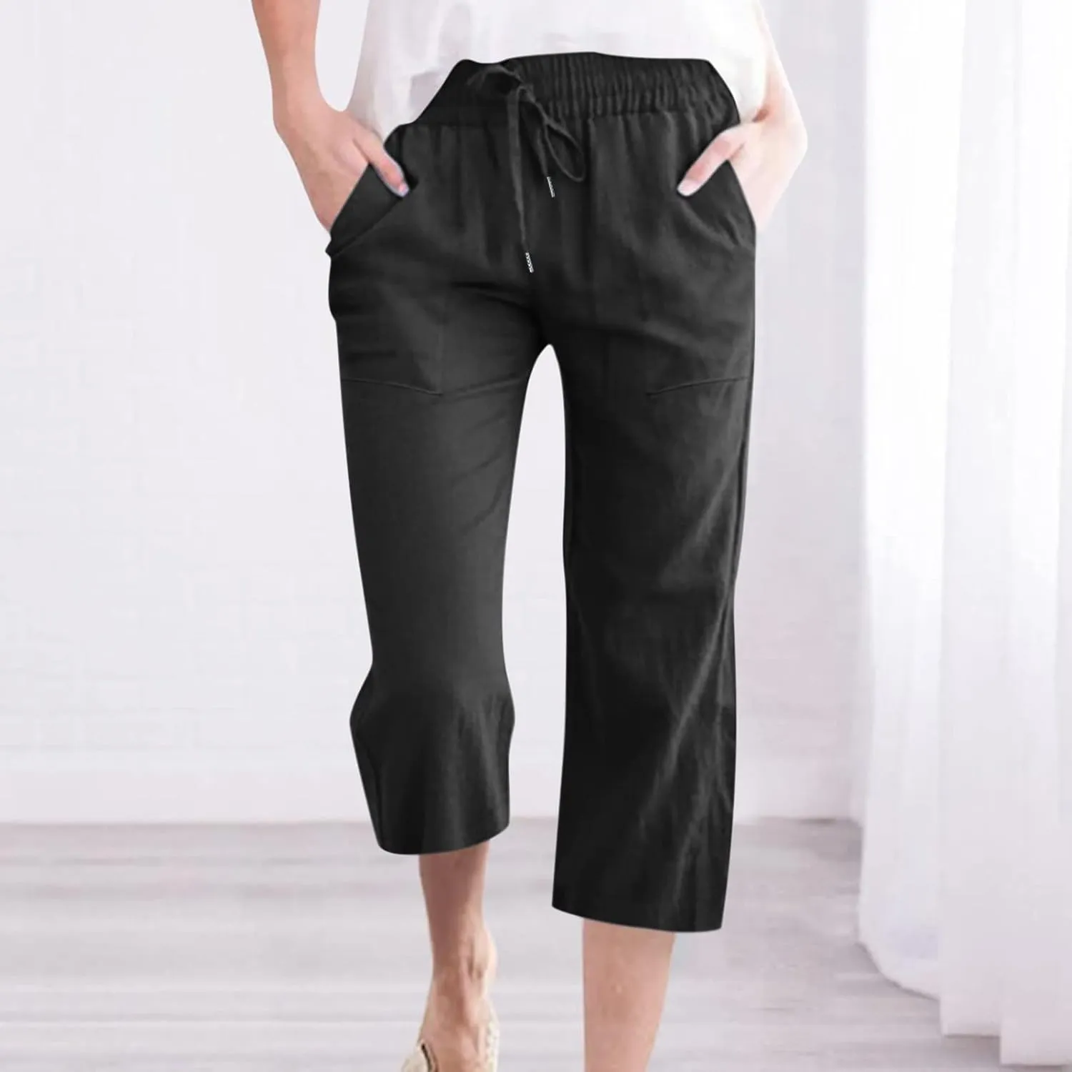 Linen Capris Pants for Women Casual Summer 2025 Wide Leg Loose Drawstring Elastic Waist Cropped Trouser Clothes