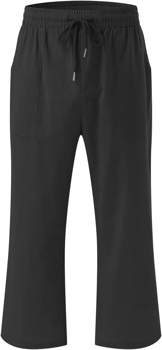 Linen Capris Pants for Women Casual Summer 2025 Wide Leg Loose Drawstring Elastic Waist Cropped Trouser Clothes