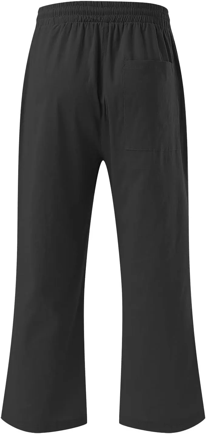 Linen Capris Pants for Women Casual Summer 2025 Wide Leg Loose Drawstring Elastic Waist Cropped Trouser Clothes