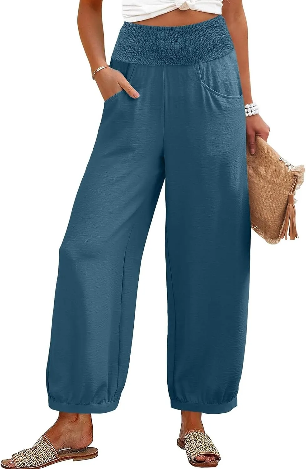 Linen Harem Pants Women with Pockets Wide Leg Elastic Waist Loose Fit Pants Petite Casual Palazzo Lantern Trousers