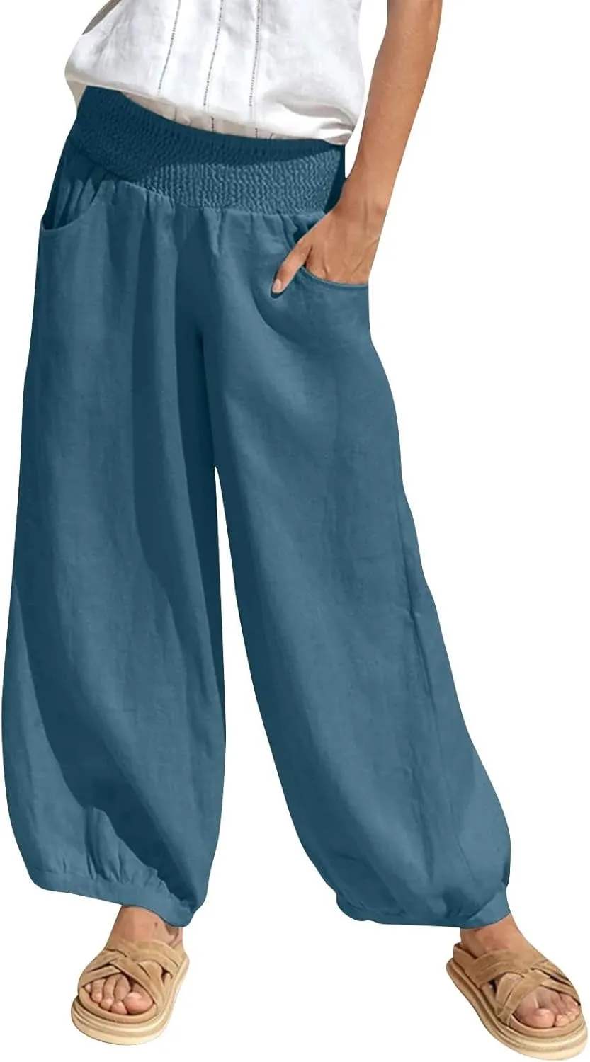 Linen Harem Pants Women with Pockets Wide Leg Elastic Waist Loose Fit Pants Petite Casual Palazzo Lantern Trousers