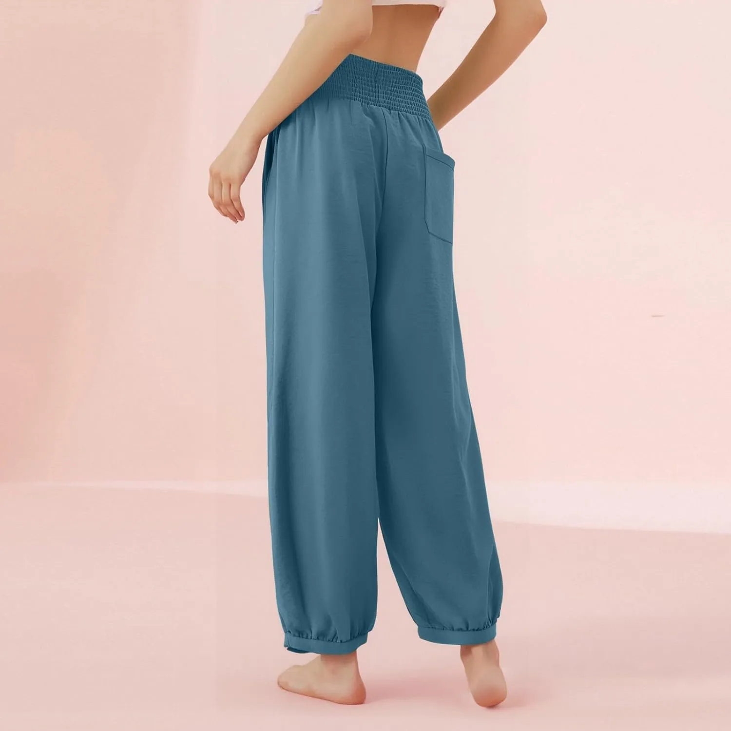 Linen Harem Pants Women with Pockets Wide Leg Elastic Waist Loose Fit Pants Petite Casual Palazzo Lantern Trousers