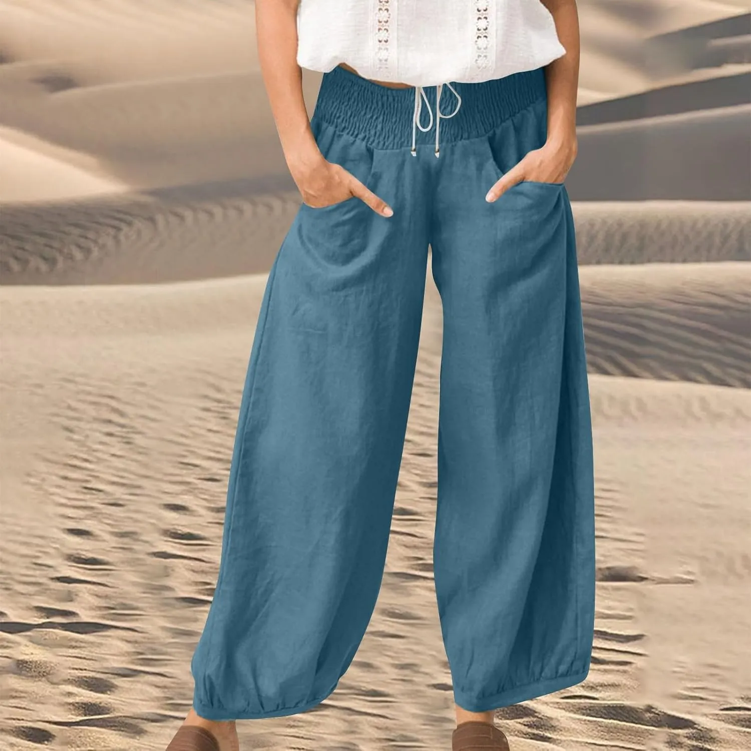Linen Harem Pants Women with Pockets Wide Leg Elastic Waist Loose Fit Pants Petite Casual Palazzo Lantern Trousers