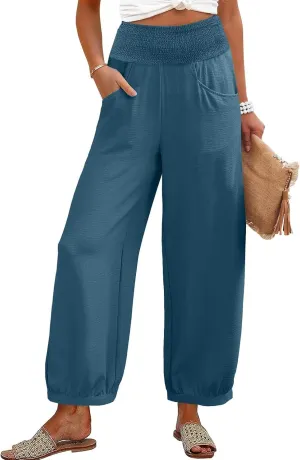 Linen Harem Pants Women with Pockets Wide Leg Elastic Waist Loose Fit Pants Petite Casual Palazzo Lantern Trousers