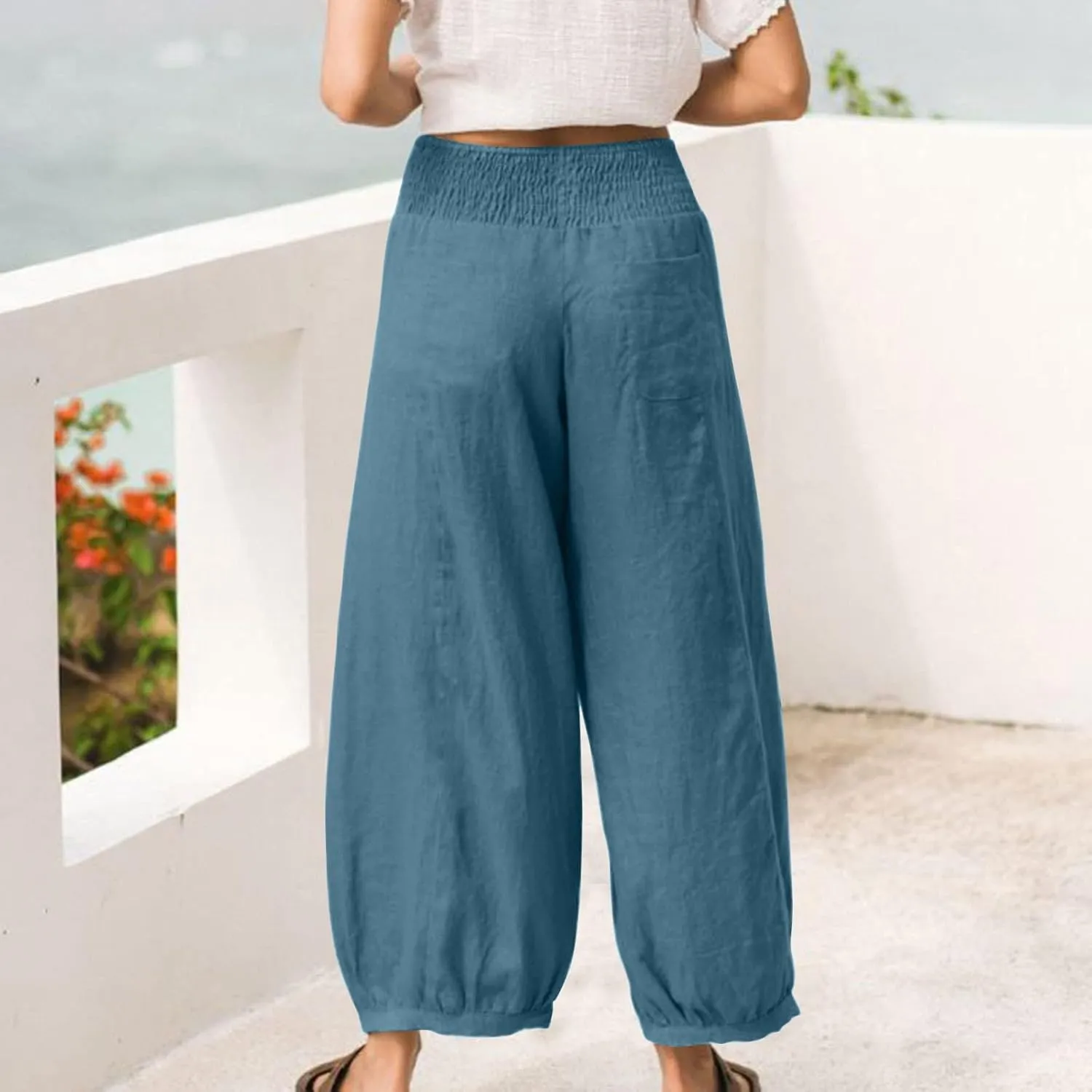 Linen Harem Pants Women with Pockets Wide Leg Elastic Waist Loose Fit Pants Petite Casual Palazzo Lantern Trousers
