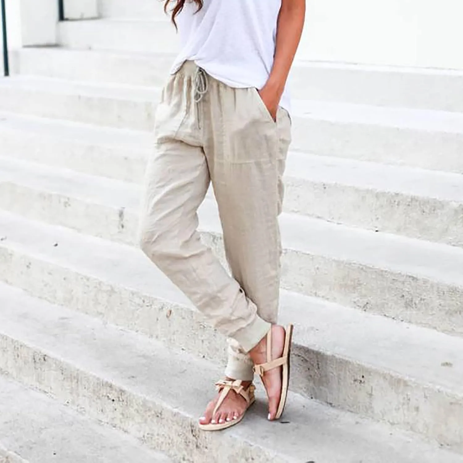 Linen Palazzo Pants for Women Casual High Waist Lightweight Summer Palazzo Trouser with Pockets Ladies Wide Leg Pants