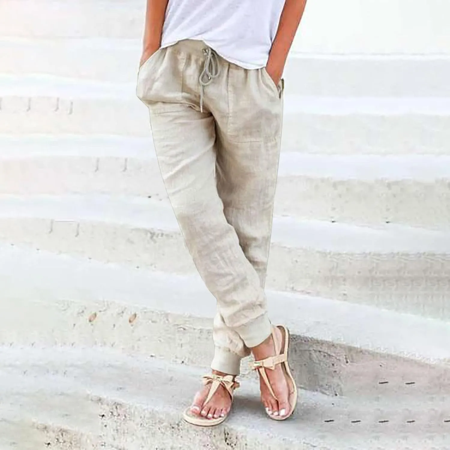 Linen Palazzo Pants for Women Casual High Waist Lightweight Summer Palazzo Trouser with Pockets Ladies Wide Leg Pants
