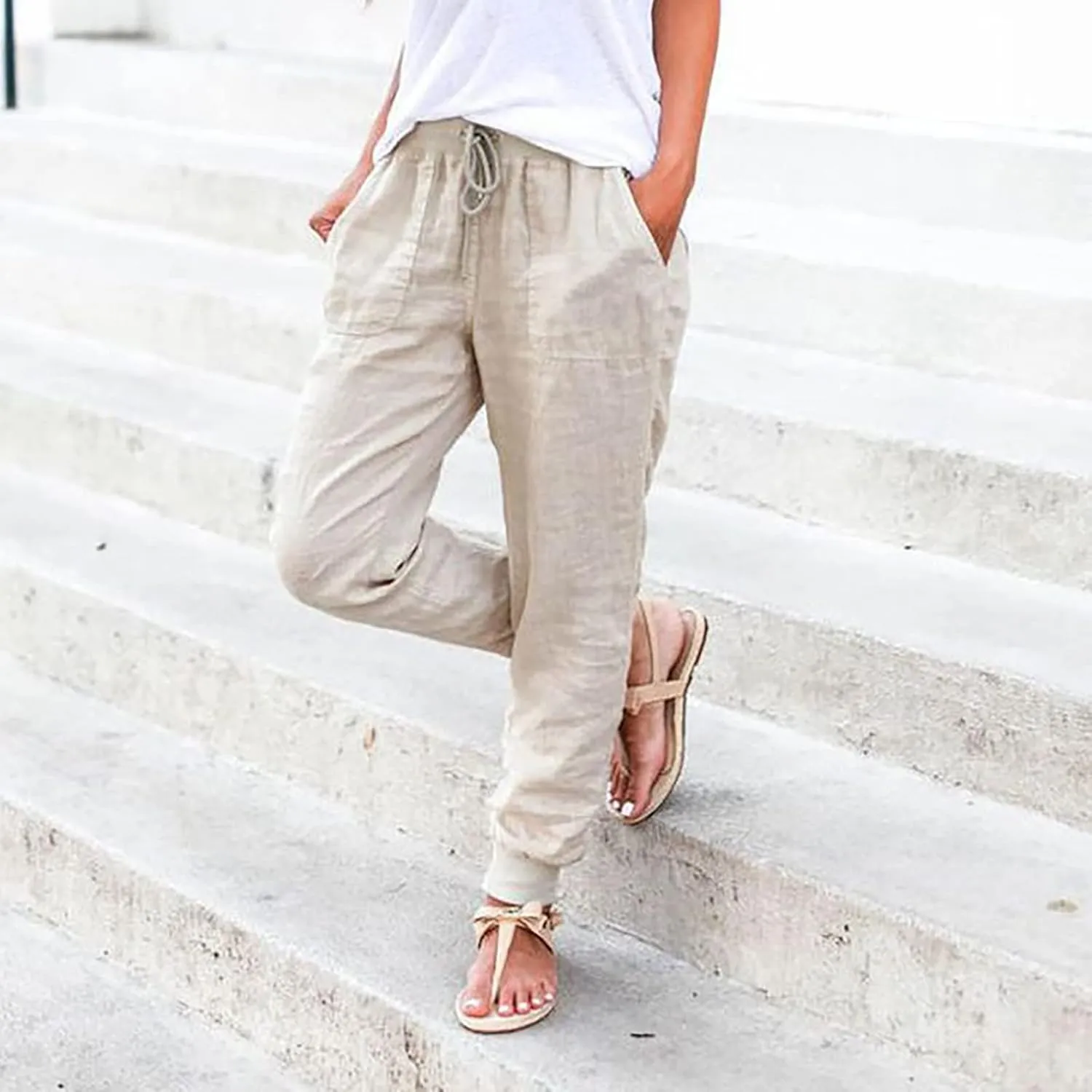 Linen Palazzo Pants for Women Casual High Waist Lightweight Summer Palazzo Trouser with Pockets Ladies Wide Leg Pants