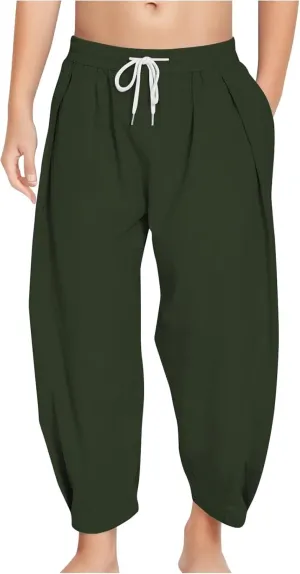 Linen Pants for Girls Summer Casual Loose Lightweight Solid Harem Pants Kids Drawstring Wide Leg Trousers with Pocket