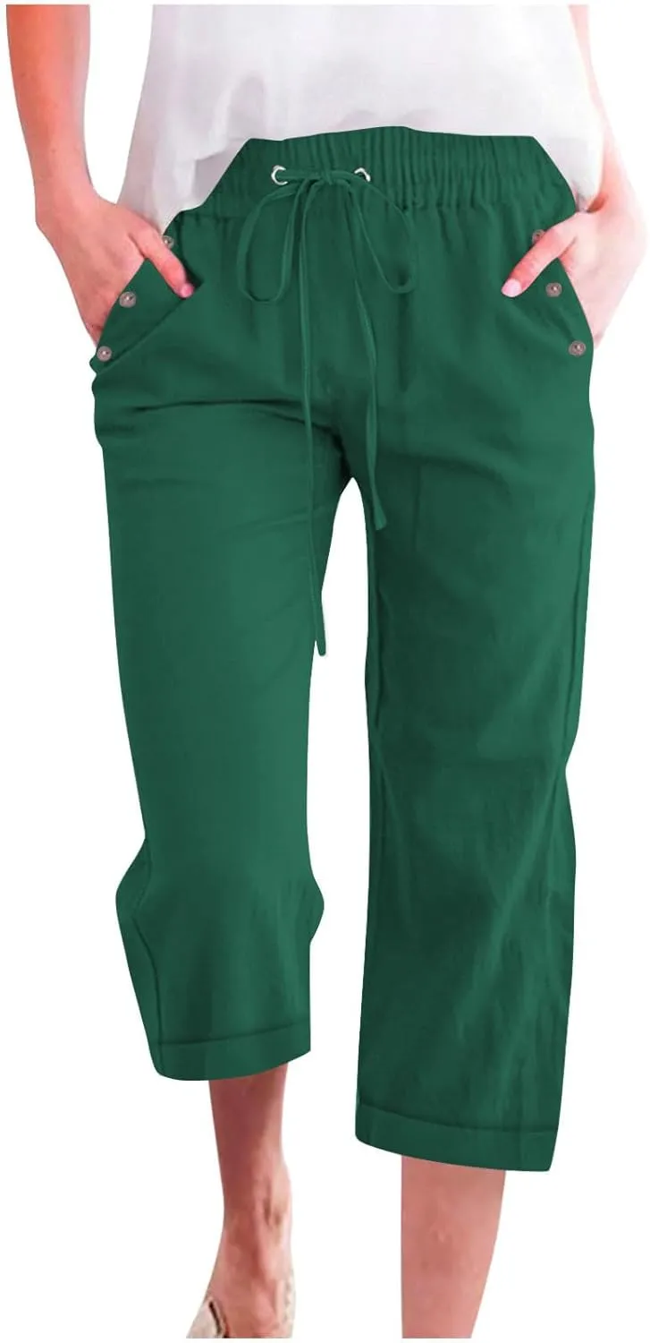 Linen Pants for Women 2025 Summer Casual Tie Knot Elastic High Waist Capri Pants Plus Size Wide Leg Lounge Capris