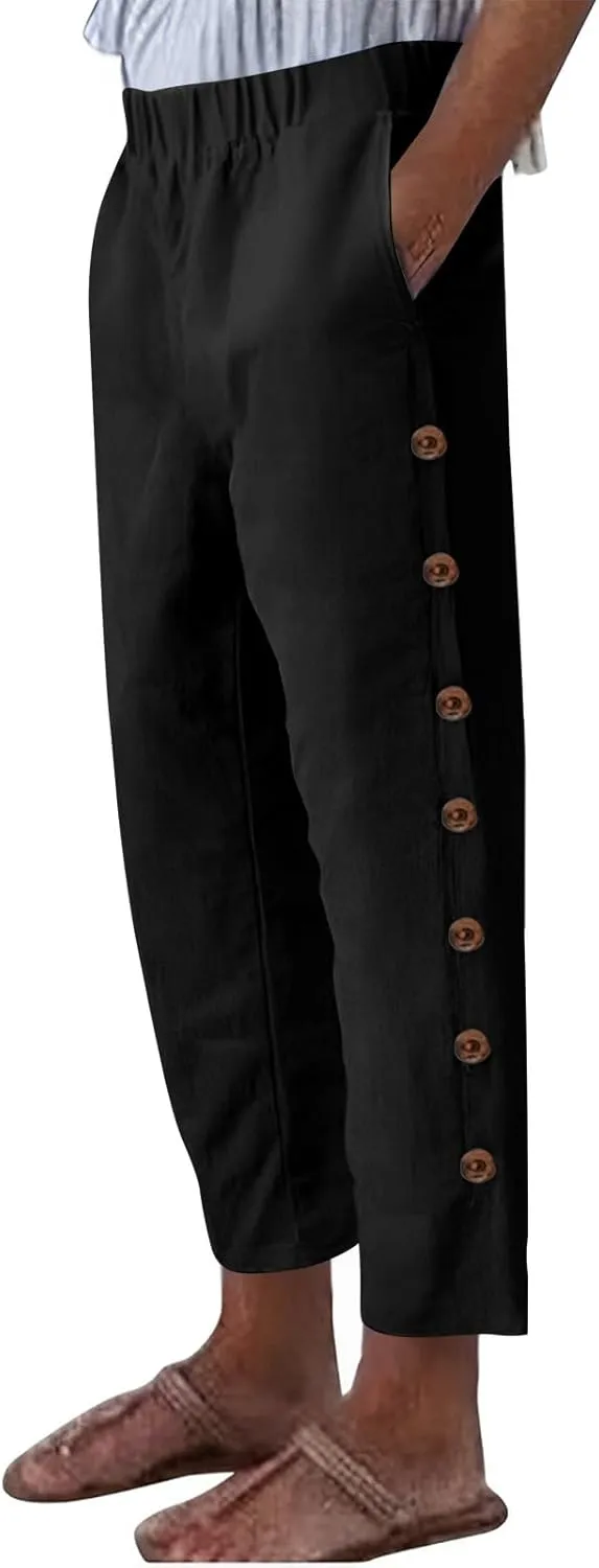 Linen Pants for Women 2025 Trendy High Waisted Wide Leg Trousers Striped Side Button Elastic Waist Summer Gauze Pants