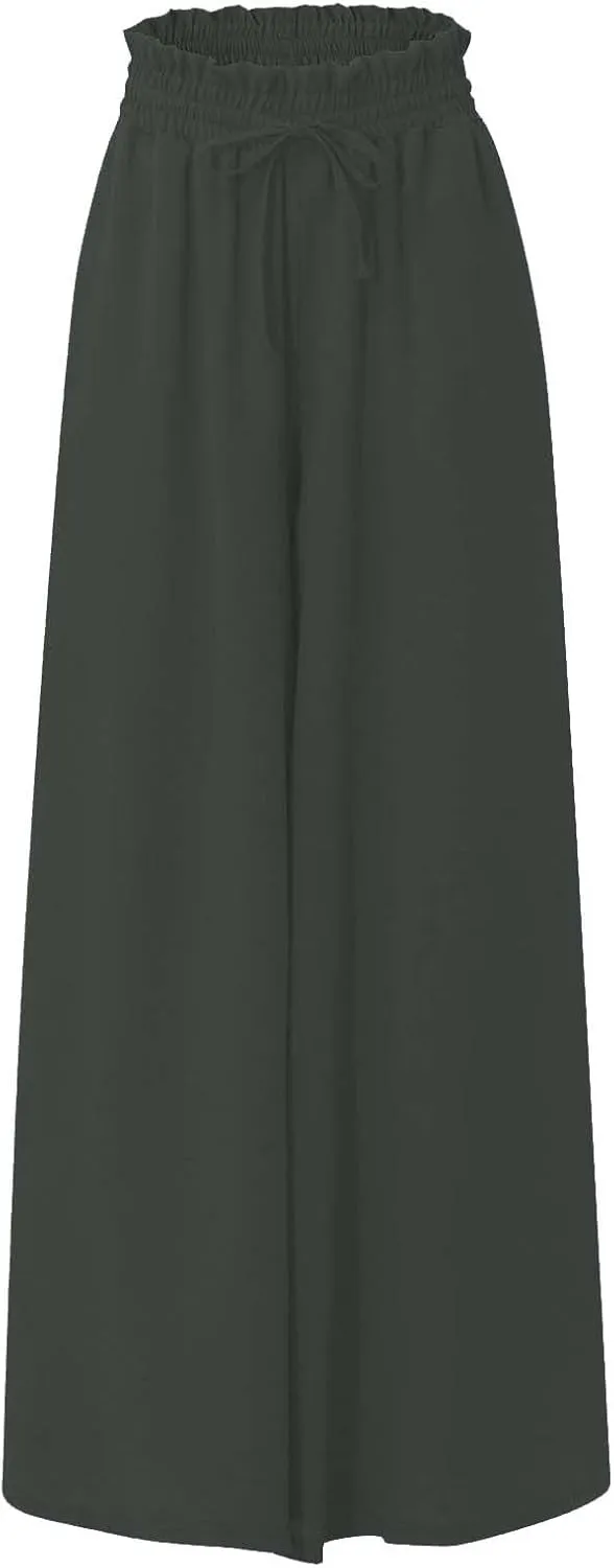 Linen Pants for Women Summer Drawstring Wide Leg Pants Flowy High Waisted Pant Loose Casual Palazzo Pant