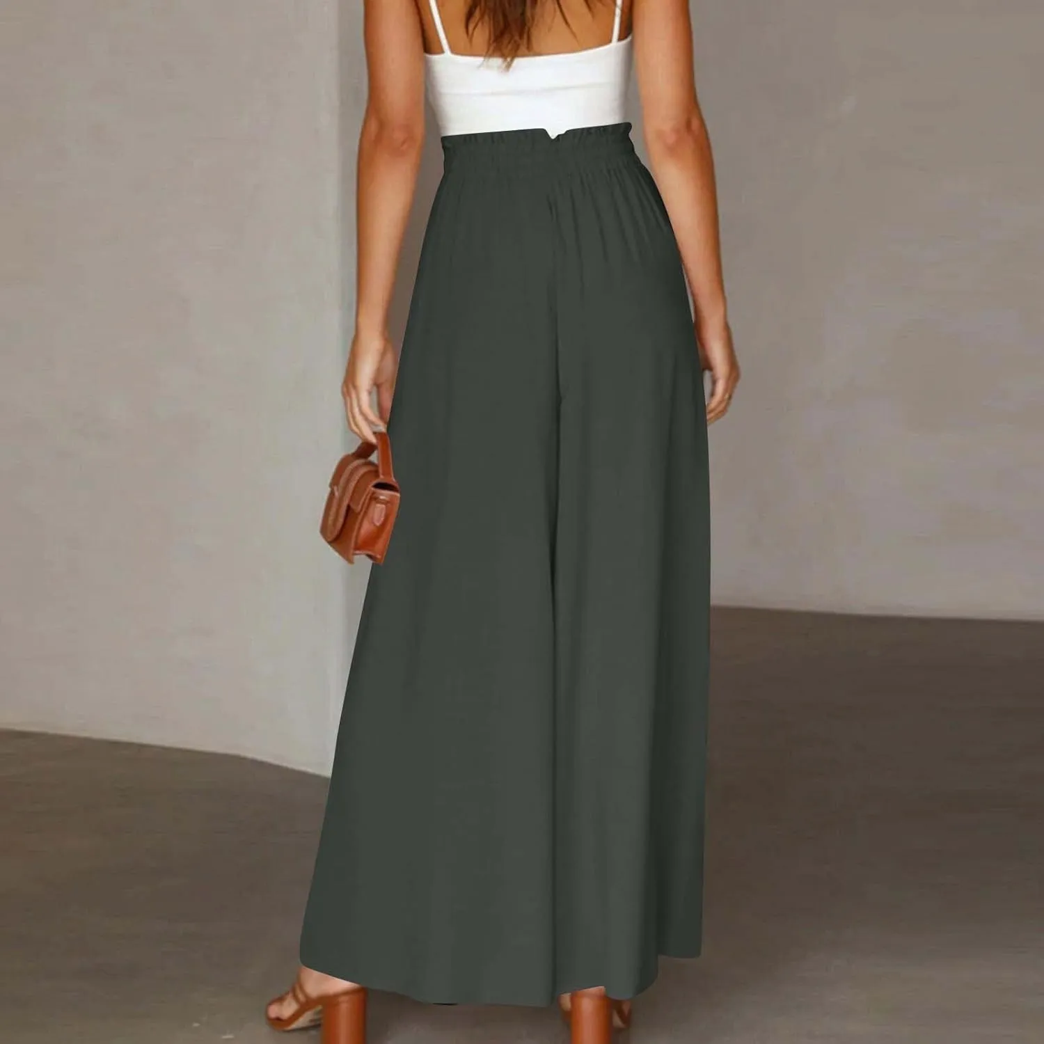 Linen Pants for Women Summer Drawstring Wide Leg Pants Flowy High Waisted Pant Loose Casual Palazzo Pant