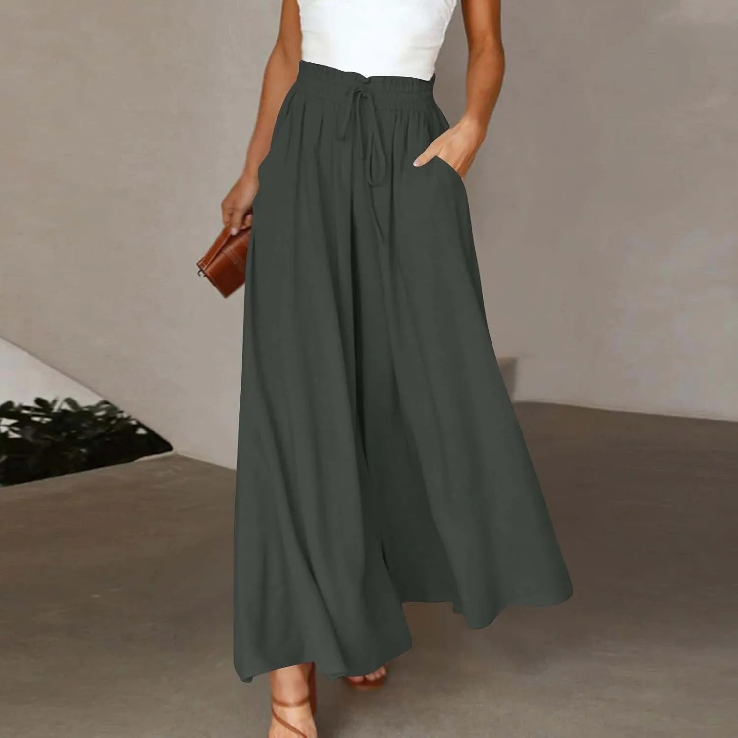 Linen Pants for Women Summer Drawstring Wide Leg Pants Flowy High Waisted Pant Loose Casual Palazzo Pant
