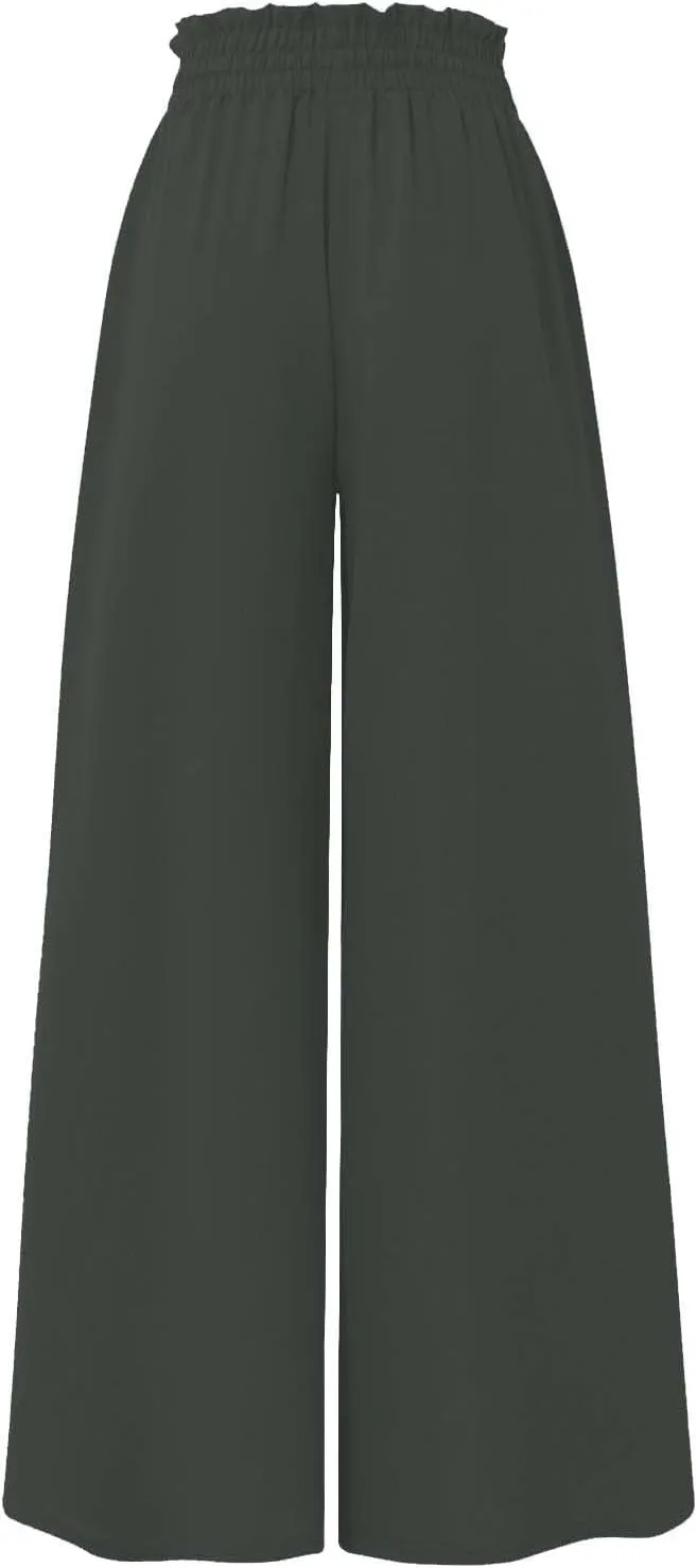 Linen Pants for Women Summer Drawstring Wide Leg Pants Flowy High Waisted Pant Loose Casual Palazzo Pant