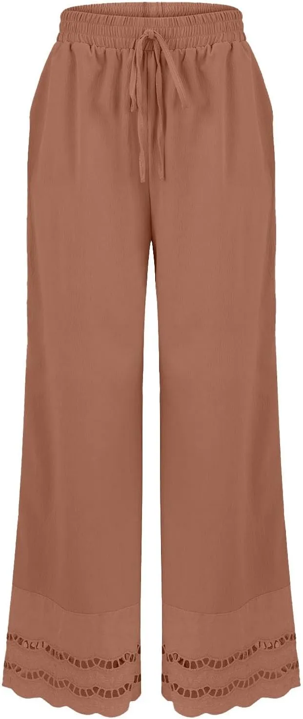 Linen Pants for Women Summer High Waist Elastic Straight Leg Lounge Pant 2025 Loose Lightweight Beach Trousers