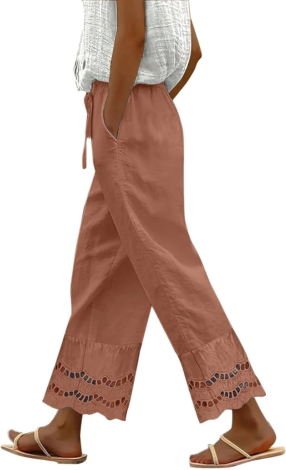 Linen Pants for Women Summer High Waist Elastic Straight Leg Lounge Pant 2025 Loose Lightweight Beach Trousers