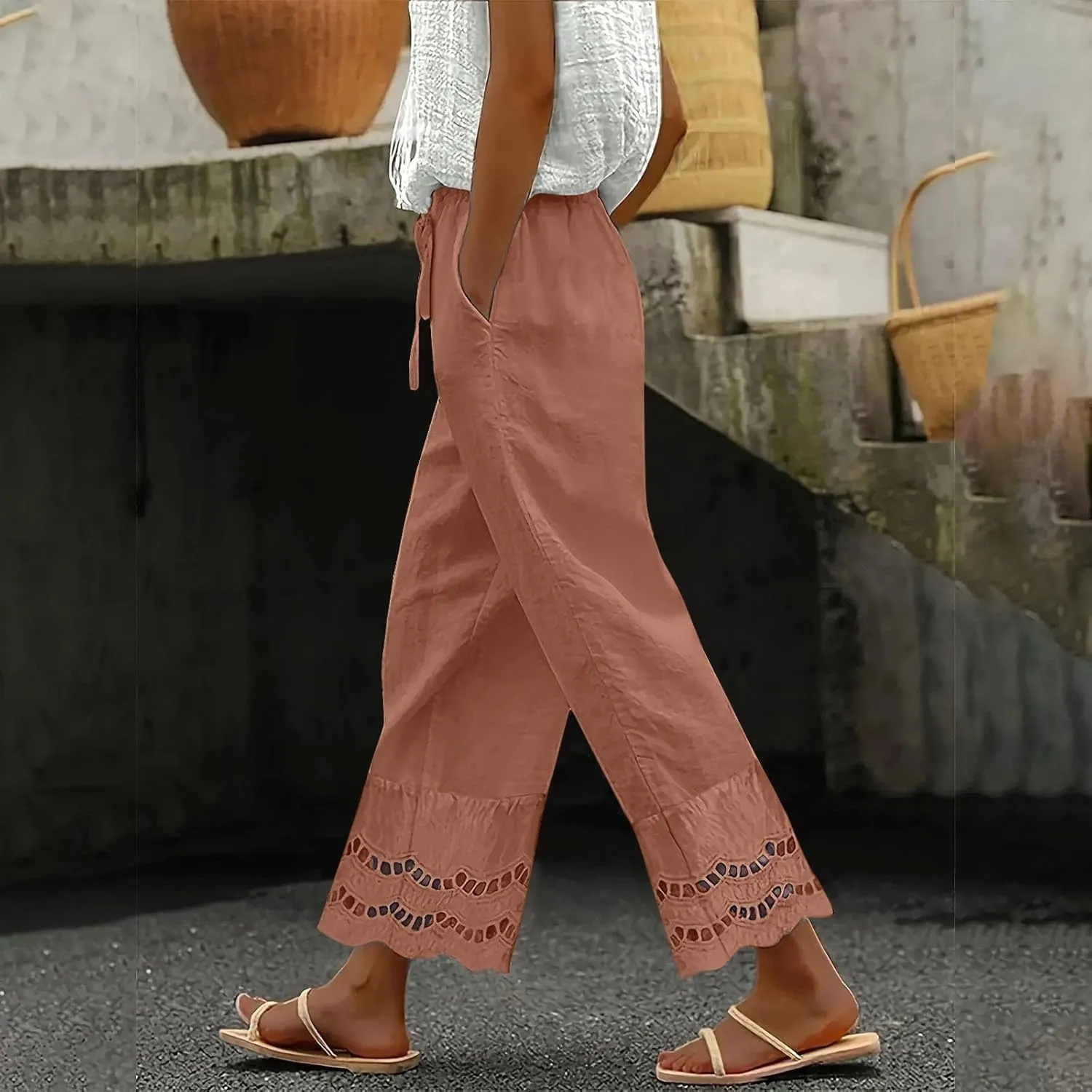 Linen Pants for Women Summer High Waist Elastic Straight Leg Lounge Pant 2025 Loose Lightweight Beach Trousers