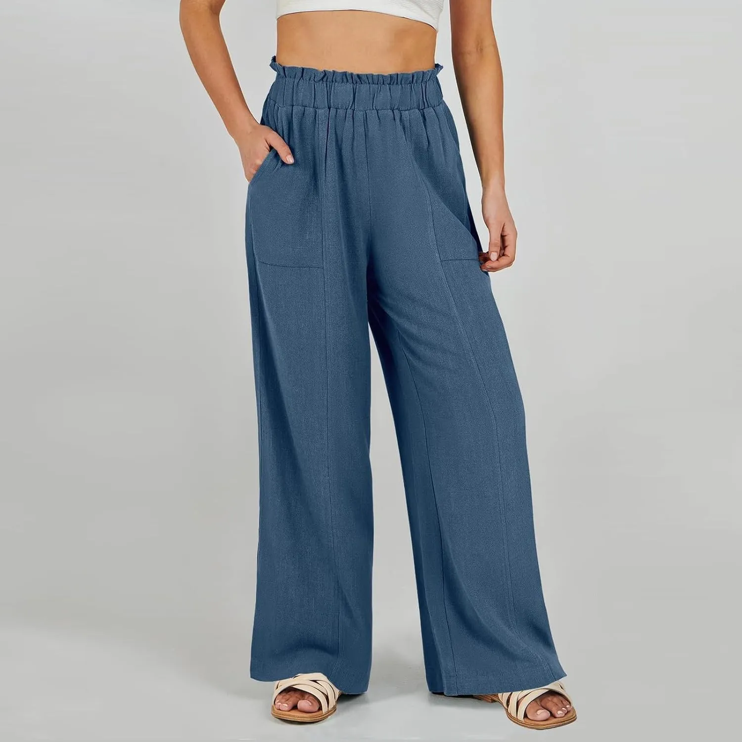 Linen Pants for Women Trendy Casual Ruffle High Waist Trousers with Pockets Wide Leg Beach Palazzo Pants Slacks