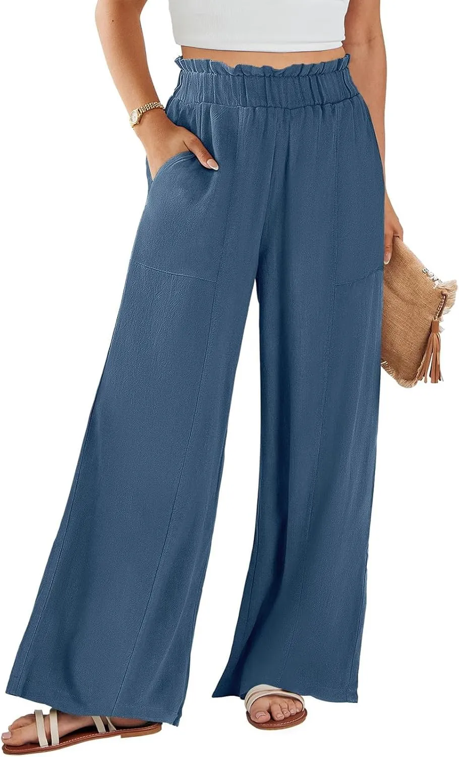 Linen Pants for Women Trendy Casual Ruffle High Waist Trousers with Pockets Wide Leg Beach Palazzo Pants Slacks