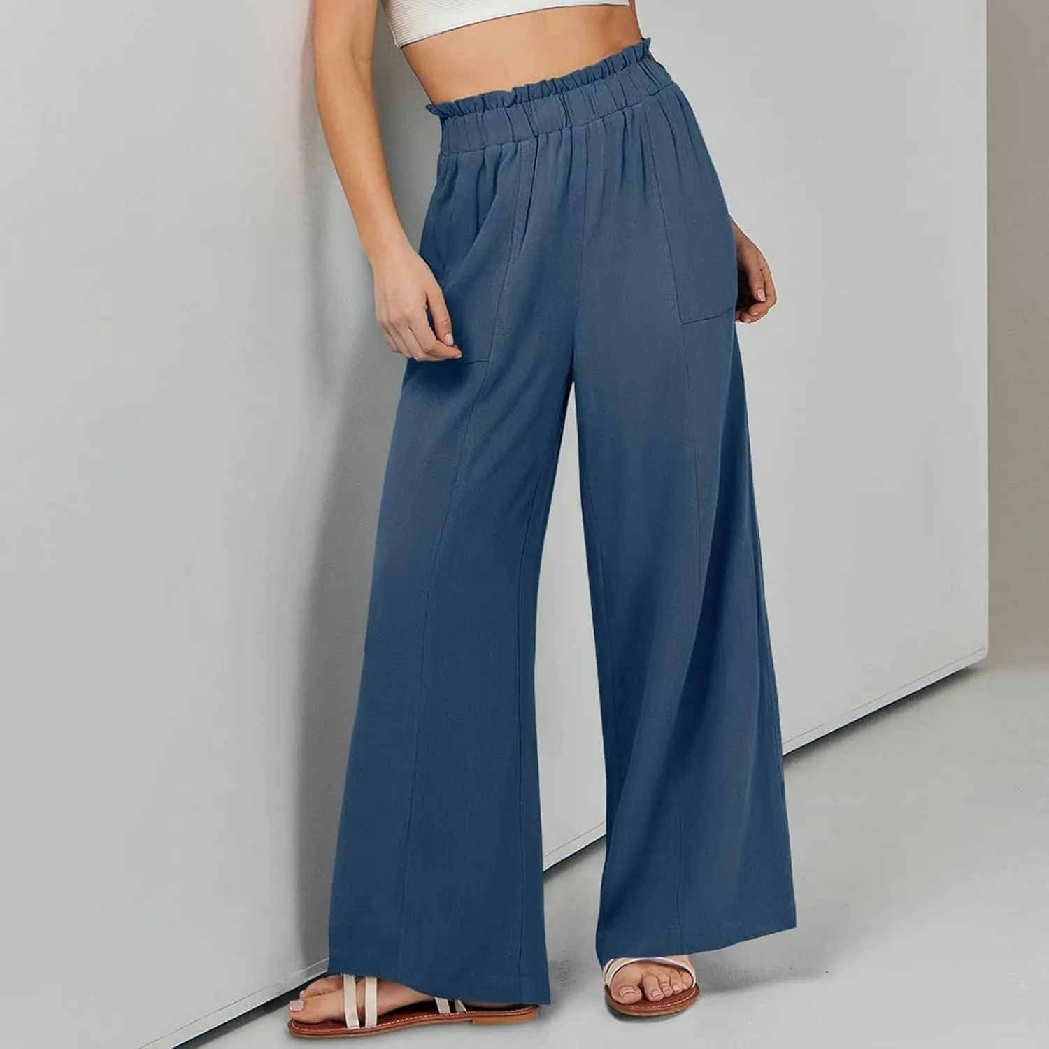 Linen Pants for Women Trendy Casual Ruffle High Waist Trousers with Pockets Wide Leg Beach Palazzo Pants Slacks