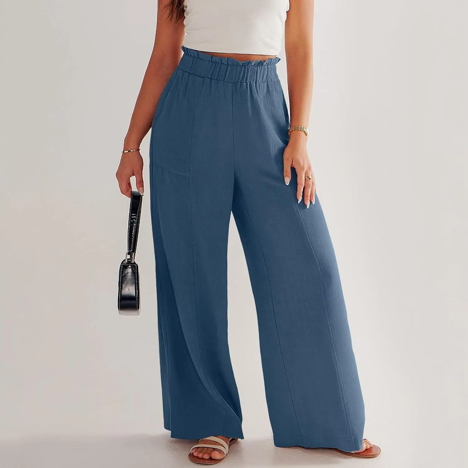 Linen Pants for Women Trendy Casual Ruffle High Waist Trousers with Pockets Wide Leg Beach Palazzo Pants Slacks