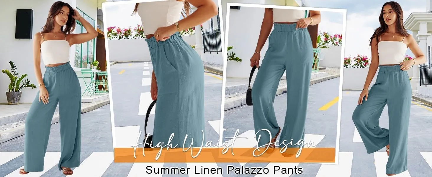 Linen Pants for Women Trendy Casual Ruffle High Waist Trousers with Pockets Wide Leg Beach Palazzo Pants Slacks