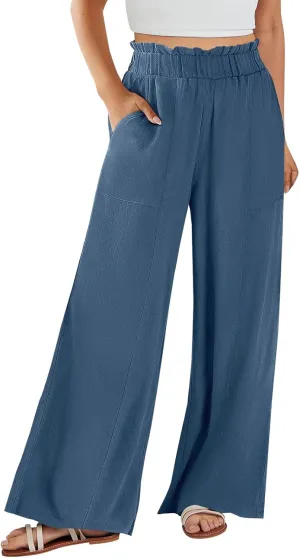 Linen Pants for Women Trendy Casual Ruffle High Waist Trousers with Pockets Wide Leg Beach Palazzo Pants Slacks