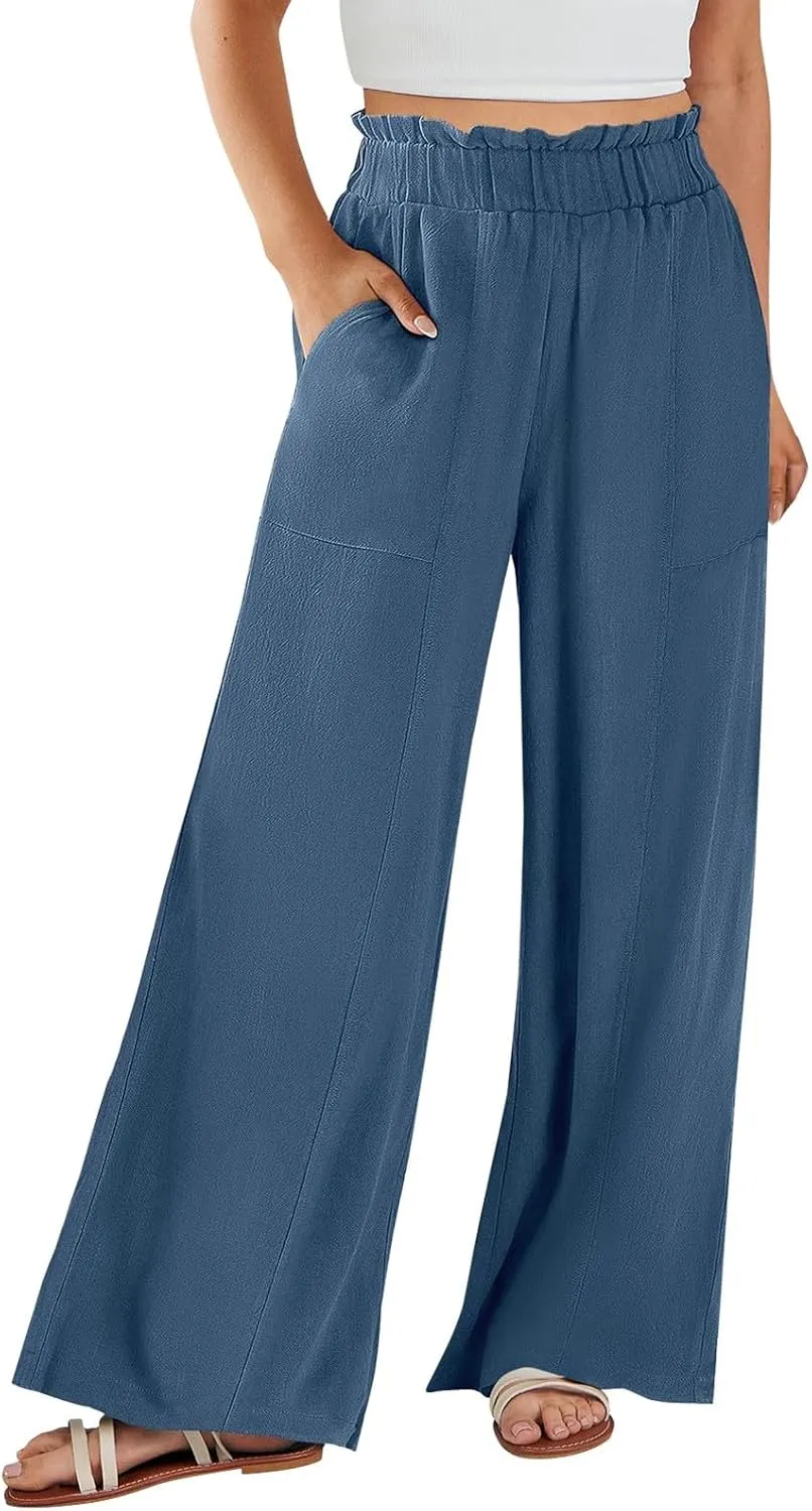 Linen Pants for Women Trendy Casual Ruffle High Waist Trousers with Pockets Wide Leg Beach Palazzo Pants Slacks