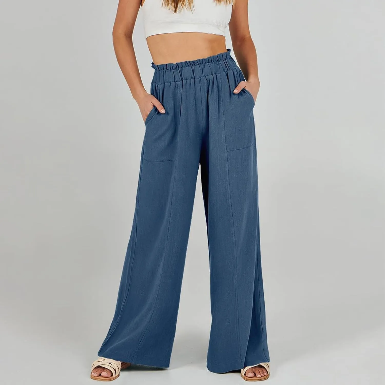 Linen Pants for Women Trendy Casual Ruffle High Waist Trousers with Pockets Wide Leg Beach Palazzo Pants Slacks