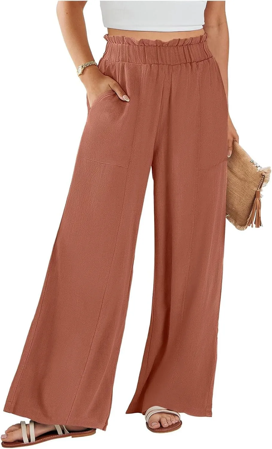 Linen Pants for Women Trendy Casual Ruffle High Waist Wide Leg Beach Palazzo Pants Trousers with Pockets Slacks