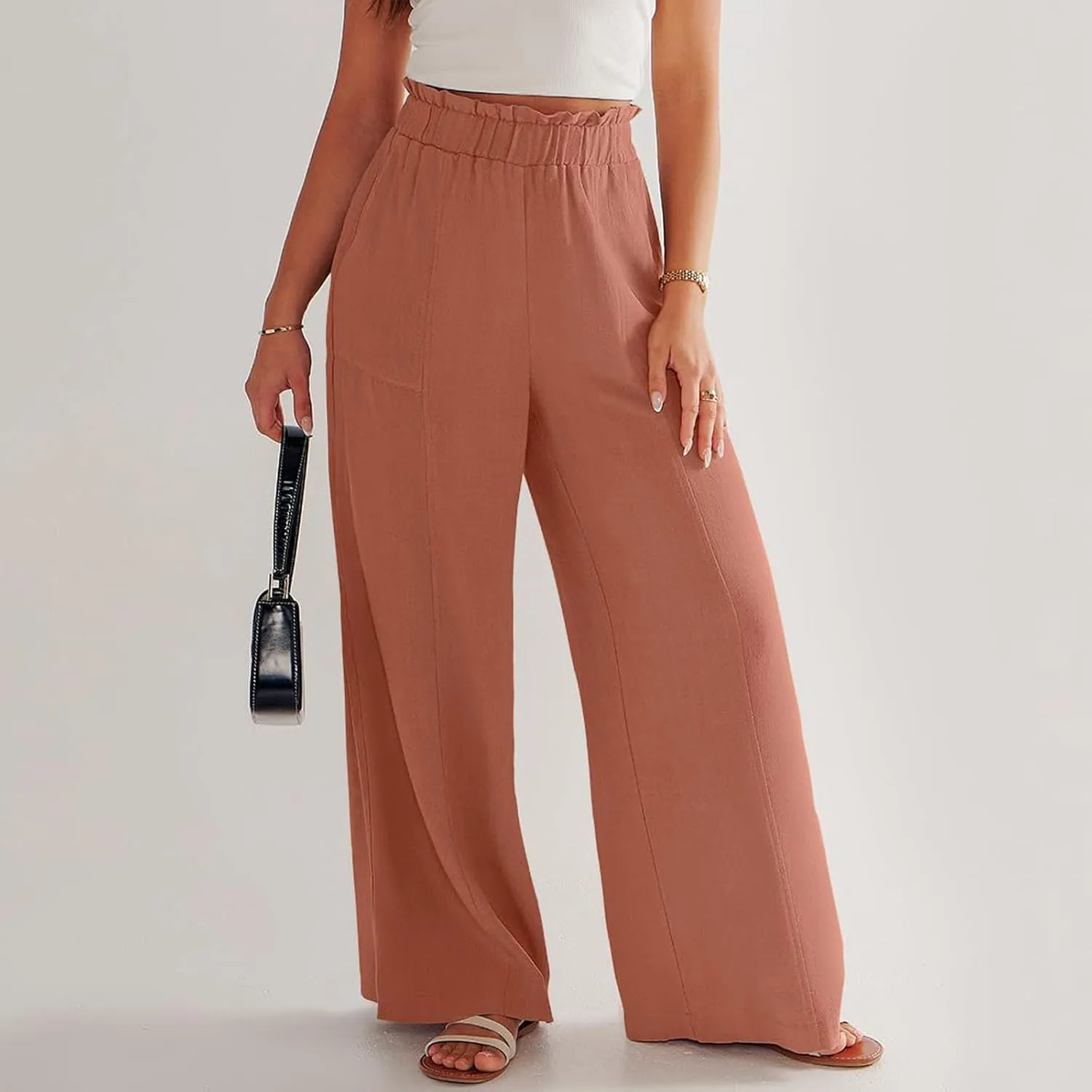 Linen Pants for Women Trendy Casual Ruffle High Waist Wide Leg Beach Palazzo Pants Trousers with Pockets Slacks