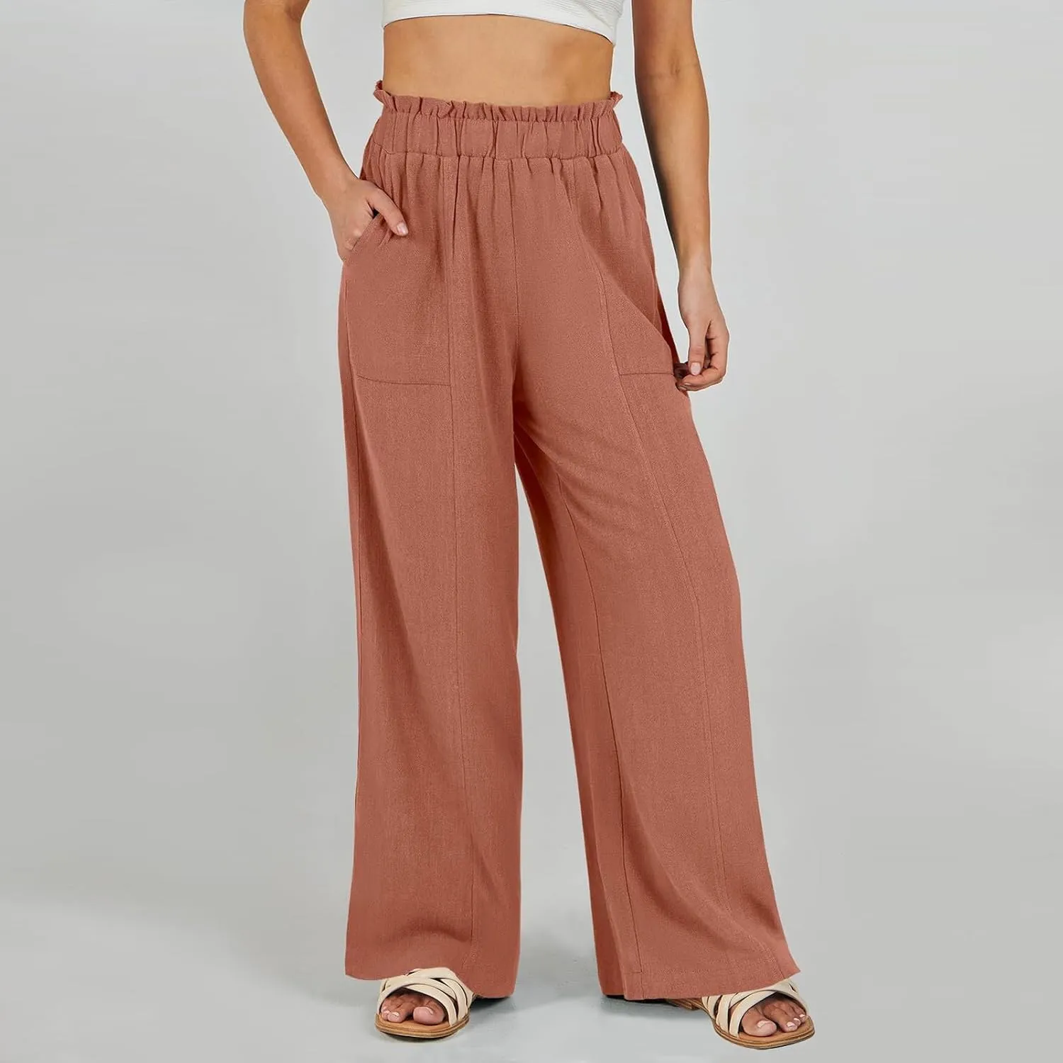 Linen Pants for Women Trendy Casual Ruffle High Waist Wide Leg Beach Palazzo Pants Trousers with Pockets Slacks
