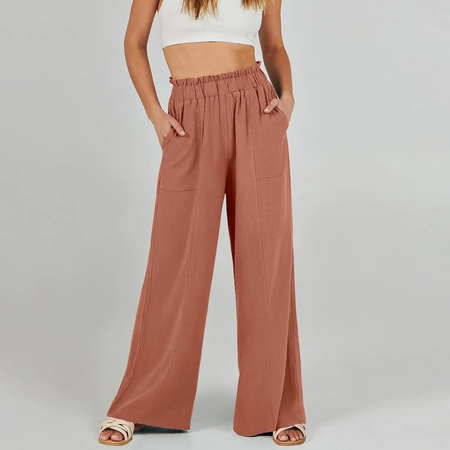 Linen Pants for Women Trendy Casual Ruffle High Waist Wide Leg Beach Palazzo Pants Trousers with Pockets Slacks