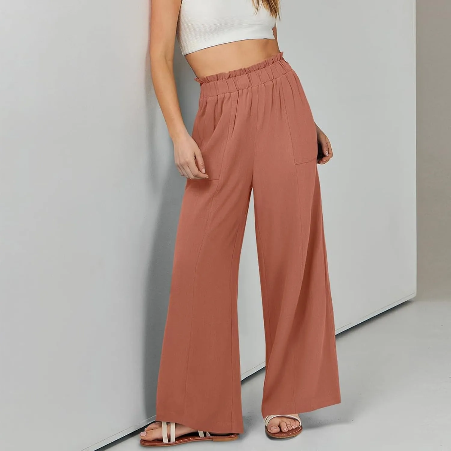 Linen Pants for Women Trendy Casual Ruffle High Waist Wide Leg Beach Palazzo Pants Trousers with Pockets Slacks