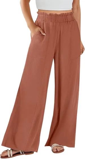 Linen Pants for Women Trendy Casual Ruffle High Waist Wide Leg Beach Palazzo Pants Trousers with Pockets Slacks