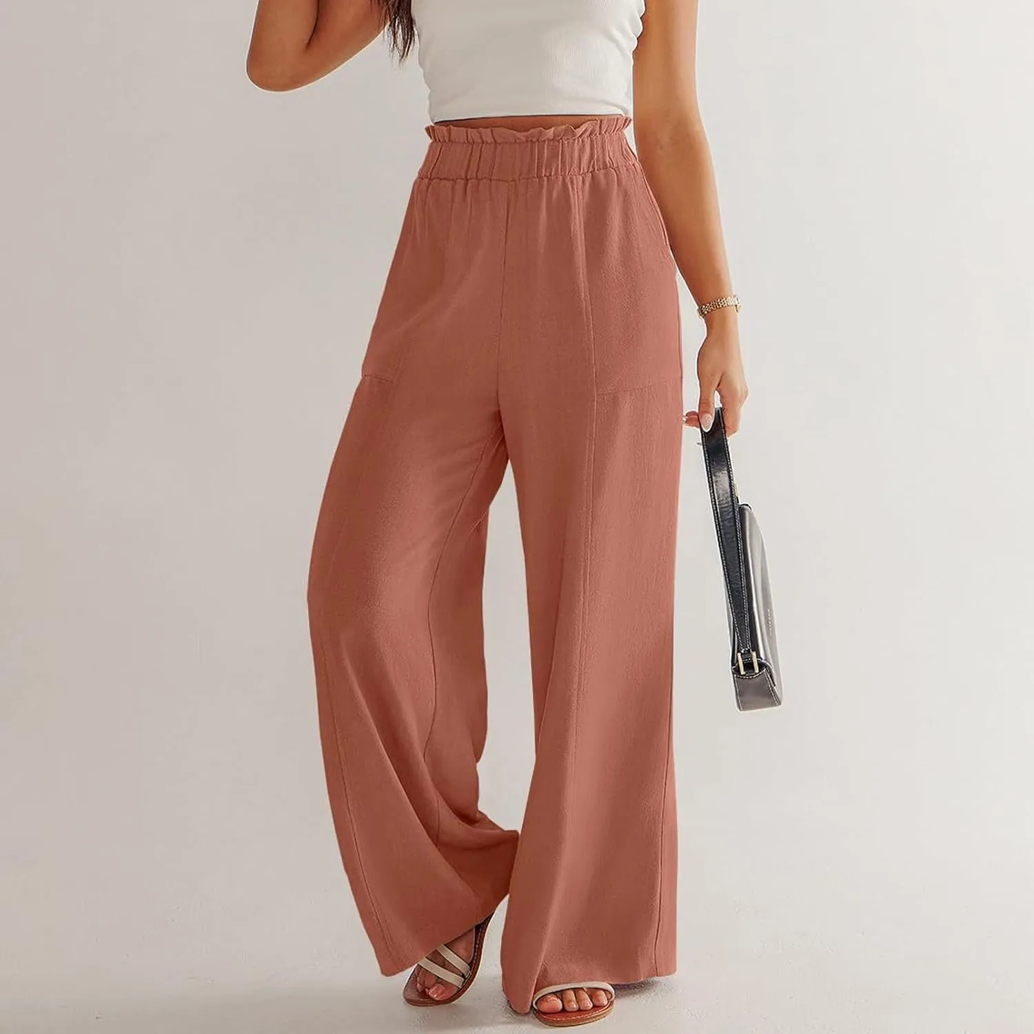 Linen Pants for Women Trendy Casual Ruffle High Waist Wide Leg Beach Palazzo Pants Trousers with Pockets Slacks