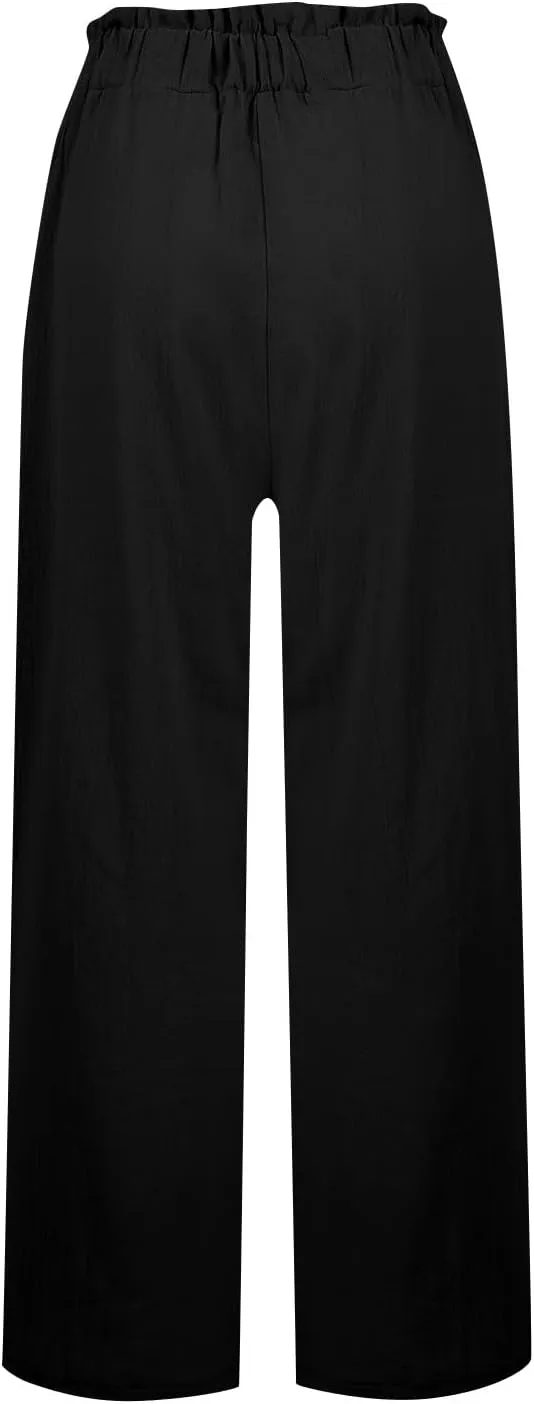 Linen Pants for Women Trendy Casual Trousers with Pockets Ruffle High Waist Wide Leg Beach Palazzo Pants Slacks