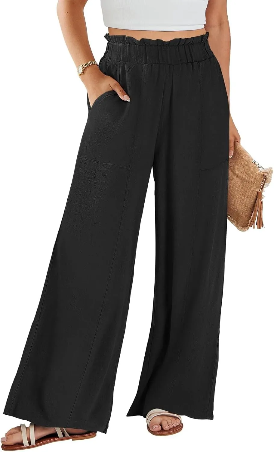 Linen Pants for Women Trendy Casual Trousers with Pockets Ruffle High Waist Wide Leg Beach Palazzo Pants Slacks
