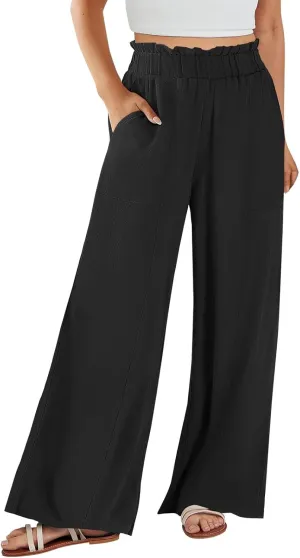 Linen Pants for Women Trendy Casual Trousers with Pockets Ruffle High Waist Wide Leg Beach Palazzo Pants Slacks