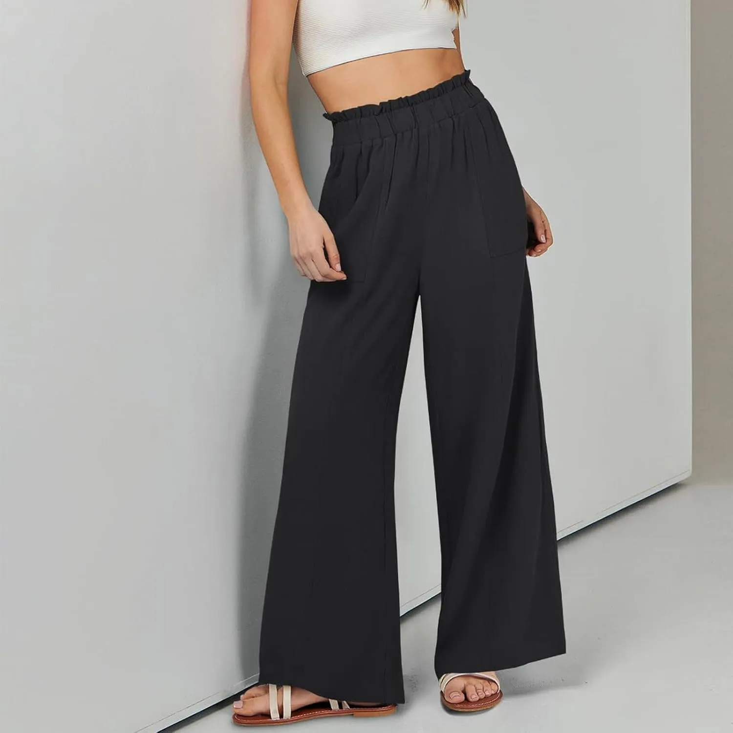 Linen Pants for Women Trendy Casual Trousers with Pockets Ruffle High Waist Wide Leg Beach Palazzo Pants Slacks