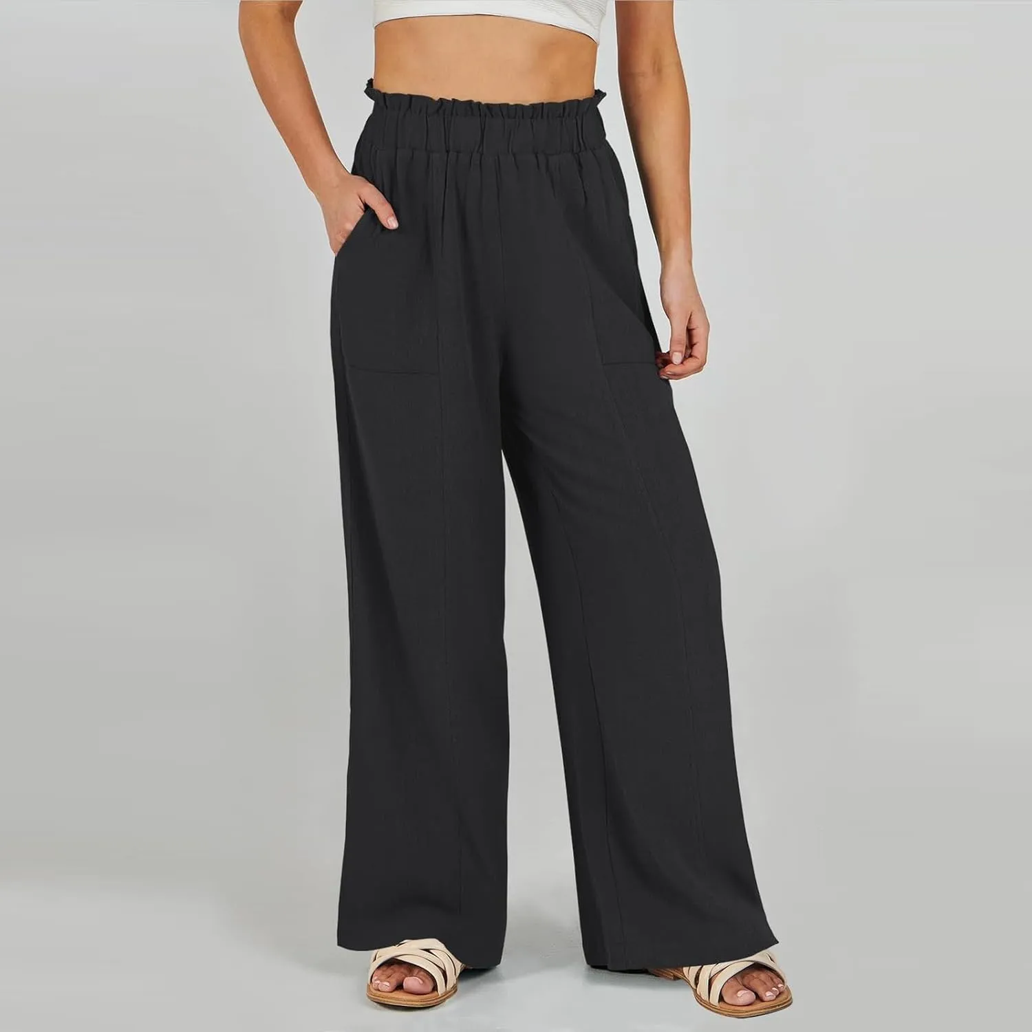 Linen Pants for Women Trendy Casual Trousers with Pockets Ruffle High Waist Wide Leg Beach Palazzo Pants Slacks
