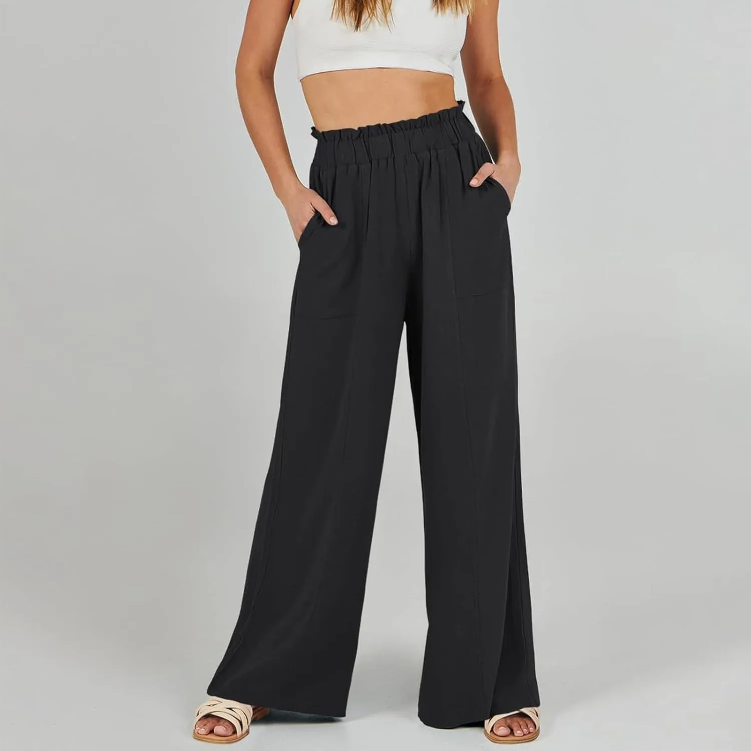 Linen Pants for Women Trendy Casual Trousers with Pockets Ruffle High Waist Wide Leg Beach Palazzo Pants Slacks
