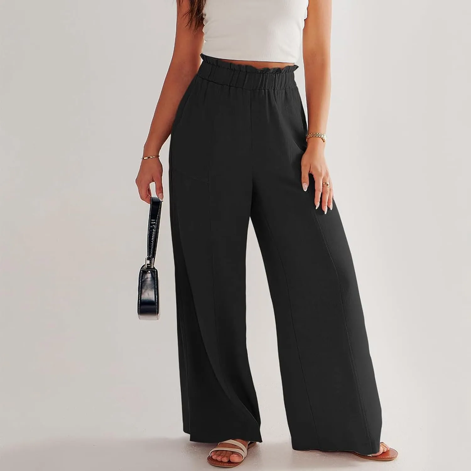 Linen Pants for Women Trendy Casual Trousers with Pockets Ruffle High Waist Wide Leg Beach Palazzo Pants Slacks