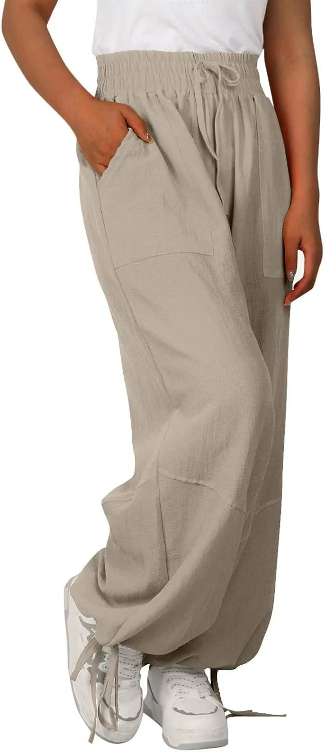 Linen Pants for Women Wide Leg High Waisted Drawstring Elastic Waist Trousers Solid Color Lounge Pants with Pockets